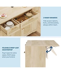 gaomon Rattan Rolling Kitchen Island Table on Wheels with Drop Leaf, Tilt Out Trash Can Cabinet 2 Door, Storage Cabinet, Drawer, Spice Rack