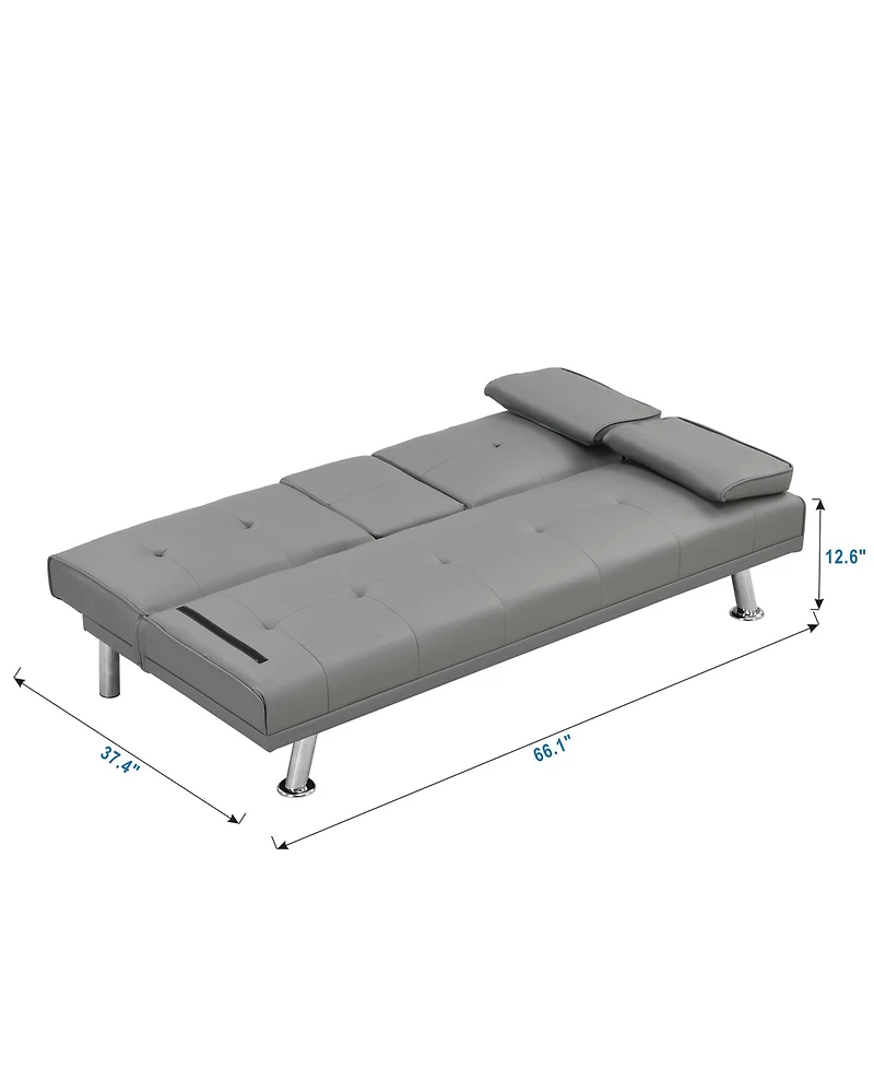 Rainsken Convertible Loveseat Futon Sofa Bed, Reversible Sleeper Daybed with Dual Cup Holders, Wood Frame and Stainless Steel Legs for Living Room