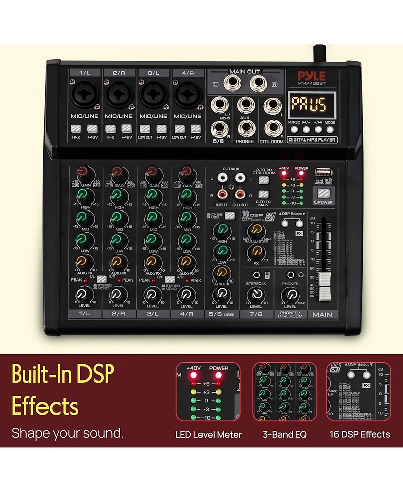 Pyle 8-Ch Digital Audio Mixer with Bluetooth and Dsp Effects (PMX408ST)
