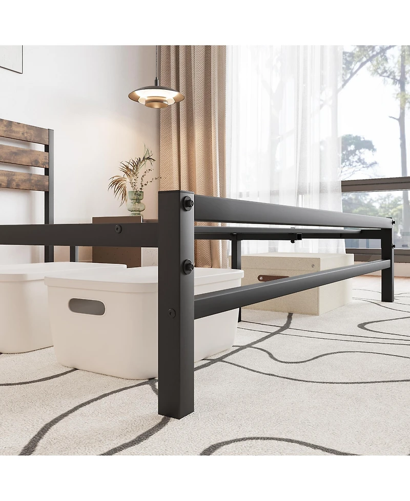flynama Platform Bed Rustic Wood Headboard Metal Slats Storage