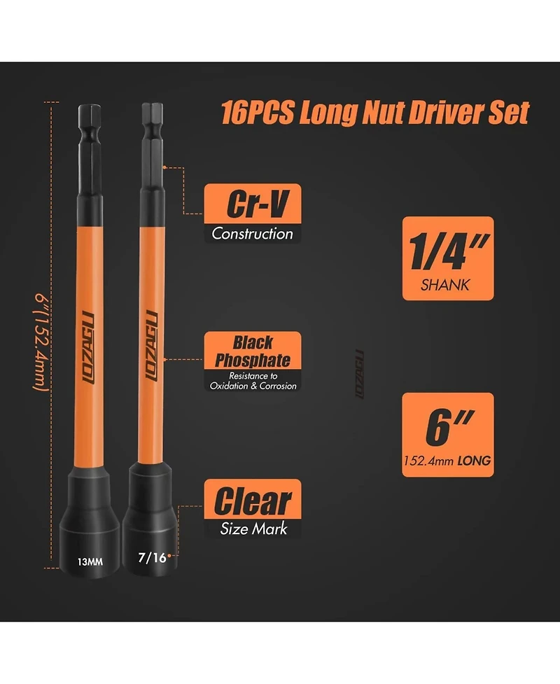 Xdovet 16Pcs Long Magnetic Nut Driver Set for Impact Drill, 6 Inch Long Nut Driver Set, Sae and Metric, 1/4 Inch Hex Shank, Cr-v Steel