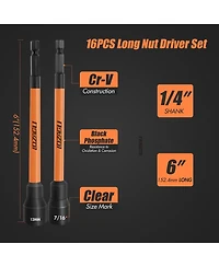 Xdovet 16Pcs Long Magnetic Nut Driver Set for Impact Drill, 6 Inch Long Nut Driver Set, Sae and Metric, 1/4 Inch Hex Shank, Cr-v Steel