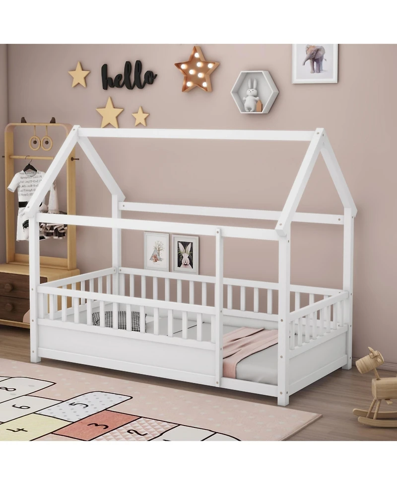 flynama Twin Size Wood Floor Bed House Roof Frame Fence Guardrails Pine Wood