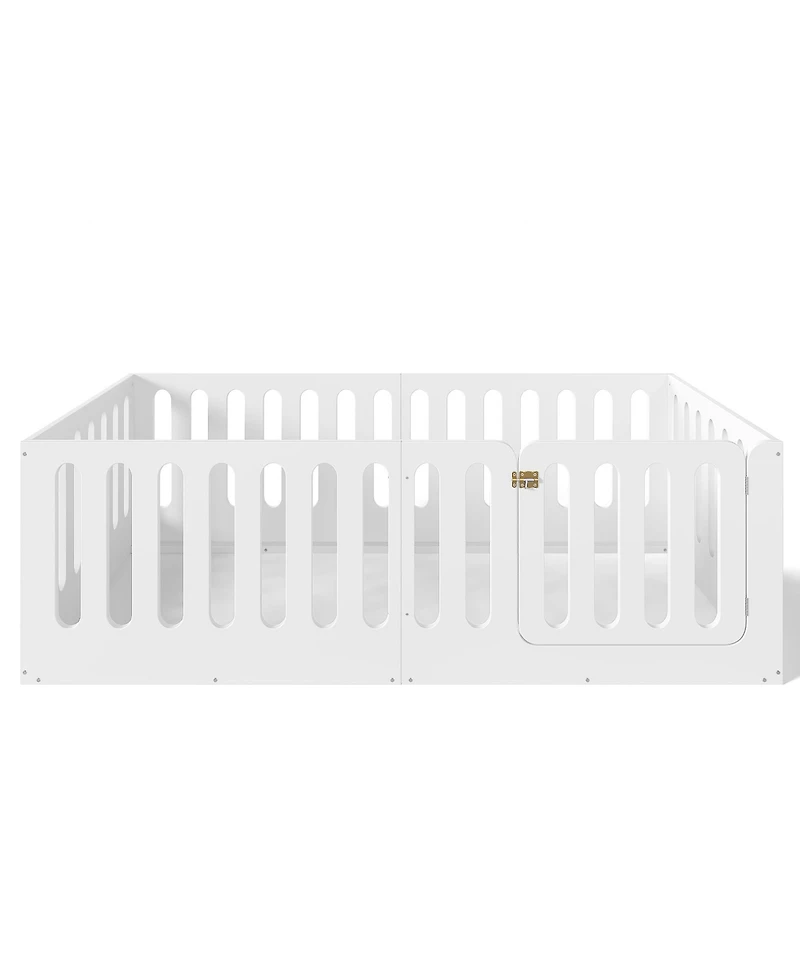 Rainsken Twin Size Floor Bed, Solid Wood Kids Bed Frame with High Fence and Door, Modern Low-Profile Design for Boys Girls, No Box Spring Required