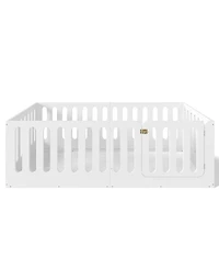 Rainsken Twin Size Floor Bed, Solid Wood Kids Bed Frame with High Fence and Door, Modern Low-Profile Design for Boys Girls, No Box Spring Required