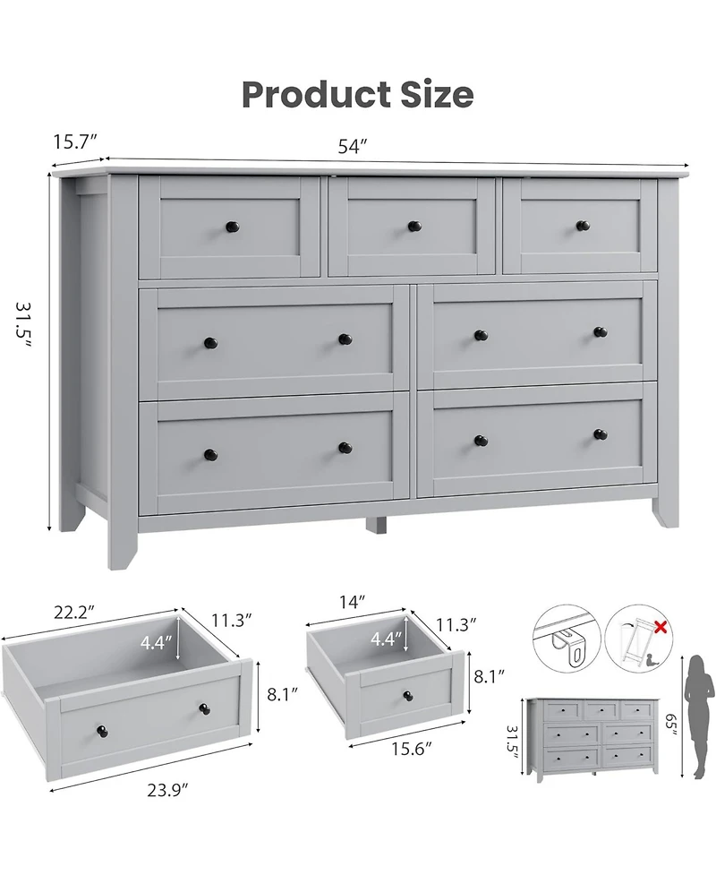 gaomon 7 Drawer Dresser for Bedroom, 54" Wide Dresser with Deep Drawers and Metal Knobs, Modern Large Wooden Chests of Drawers for Entryway