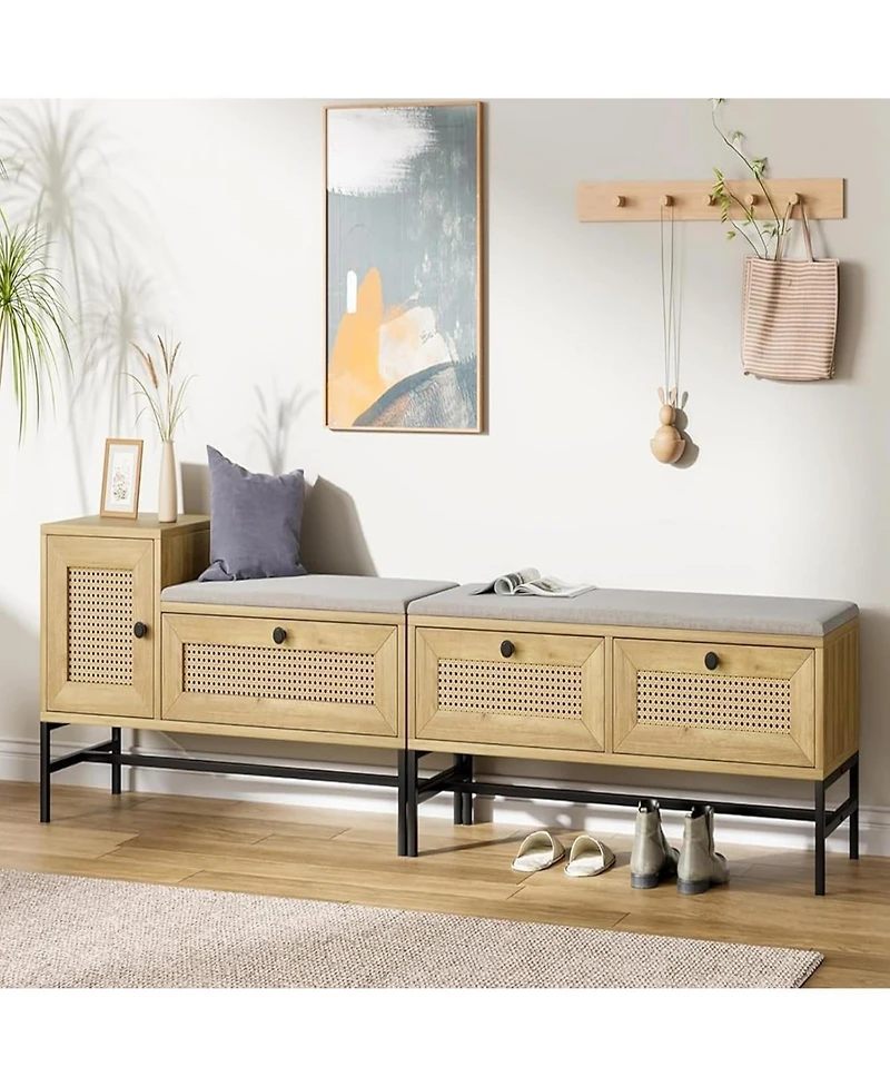 gaomon Rattan Shoe Storage Bench with Flip Drawer, Wooden Entryway Shoe Bench