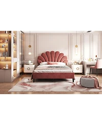 flynama Upholstered Platform Bed Flower Pattern Velvet Headboard Bean Paste Red No Box Spring Needed