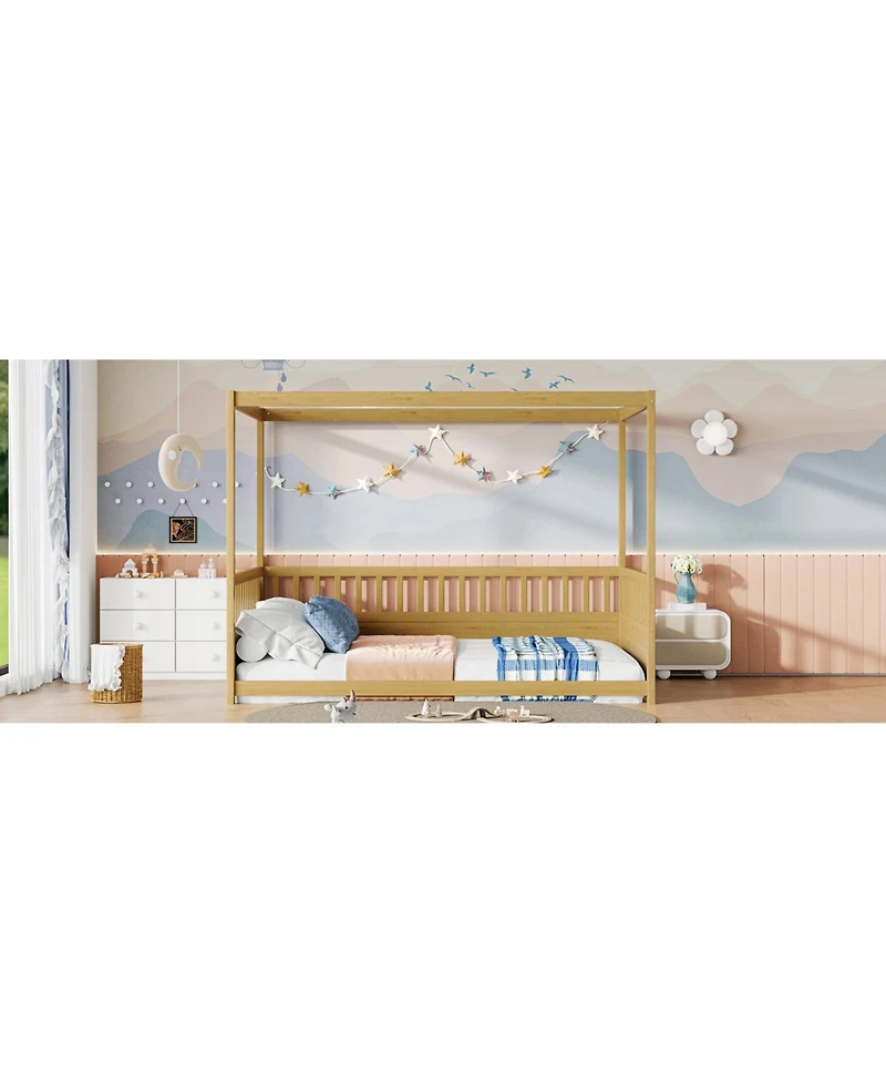 flynama Wooden Canopy Floor Bed With Guardrails Four Poster Design Natural For Kids