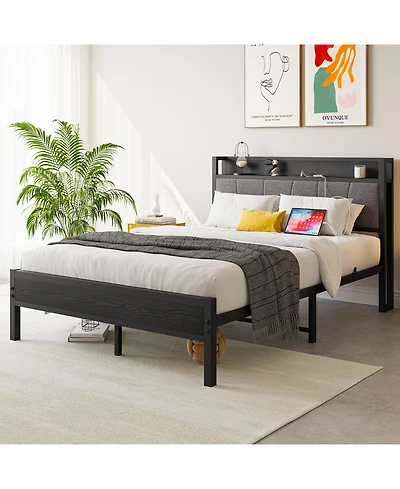 flynama Bed Frame Storage Headboard Charging Station Easy Assembly