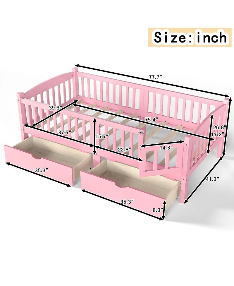 Rainsken Low Profile Platform Bed Frame, Wooden Bed with Storage Drawers and Full Safety Guardrails for Boys Girls, No Box Spring Required