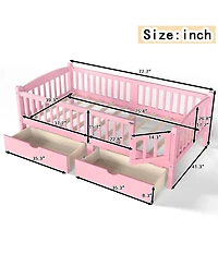 Rainsken Low Profile Platform Bed Frame, Wooden Bed with Storage Drawers and Full Safety Guardrails for Boys Girls, No Box Spring Required