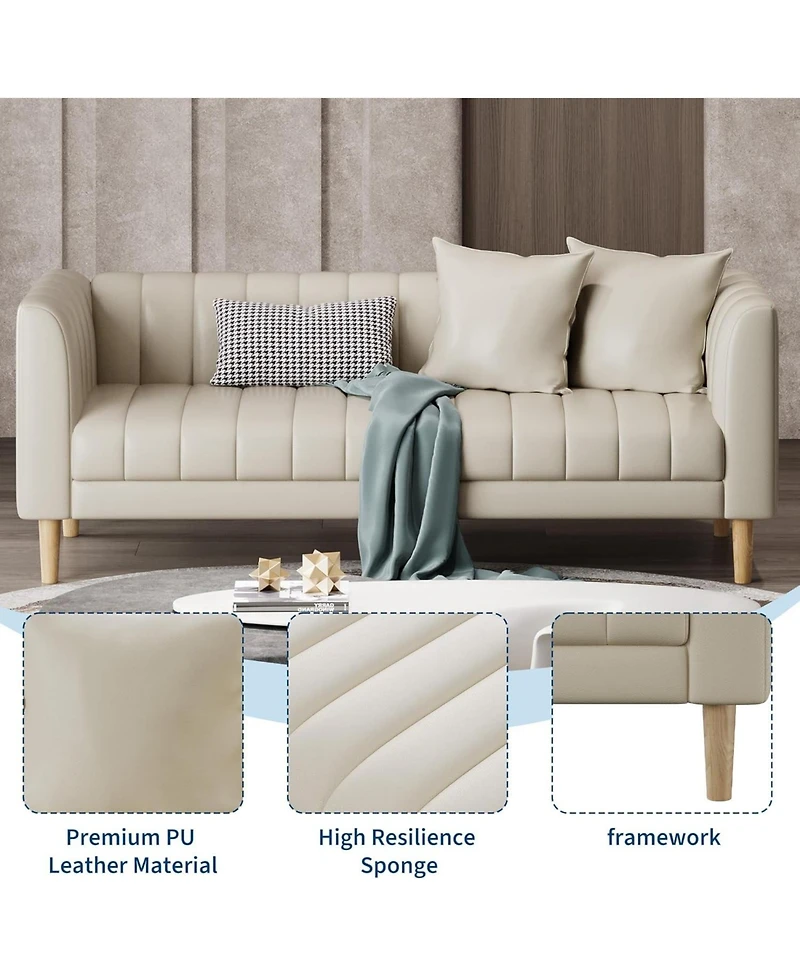 gaomon Modern 78" Faux Leather 3-Seater Sofa Couch, Deep Seat with 2 Pillows, Wood Legs
