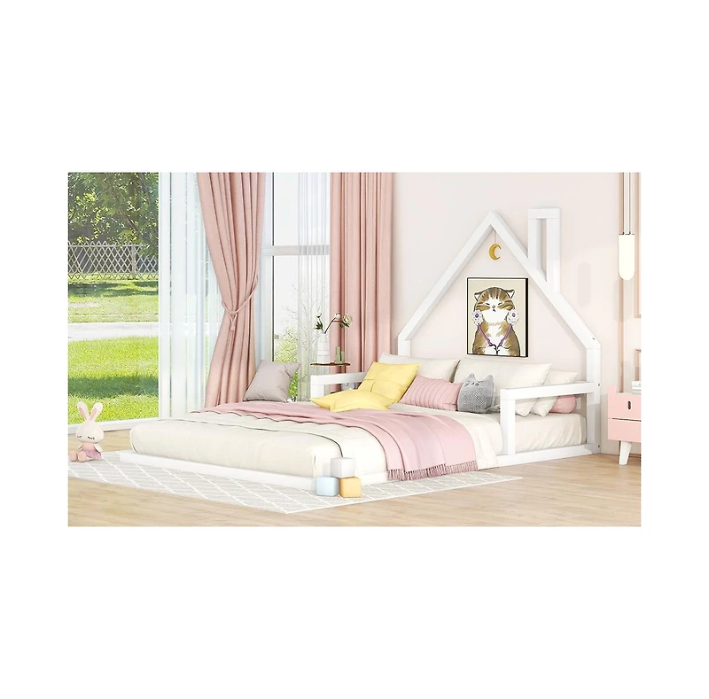 flynama Wood Floor Bed House Shaped Headboard White Pine Mdf No Box Spring