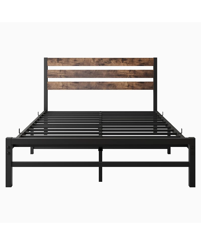 flynama Platform Bed Rustic Wood Headboard Metal Slats Storage