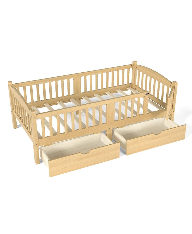 Rainsken Wood Low Bed Frame, Kids Platform Bed with Storage Drawers and Full-Length Guardrails for Children, No Box Spring Needed