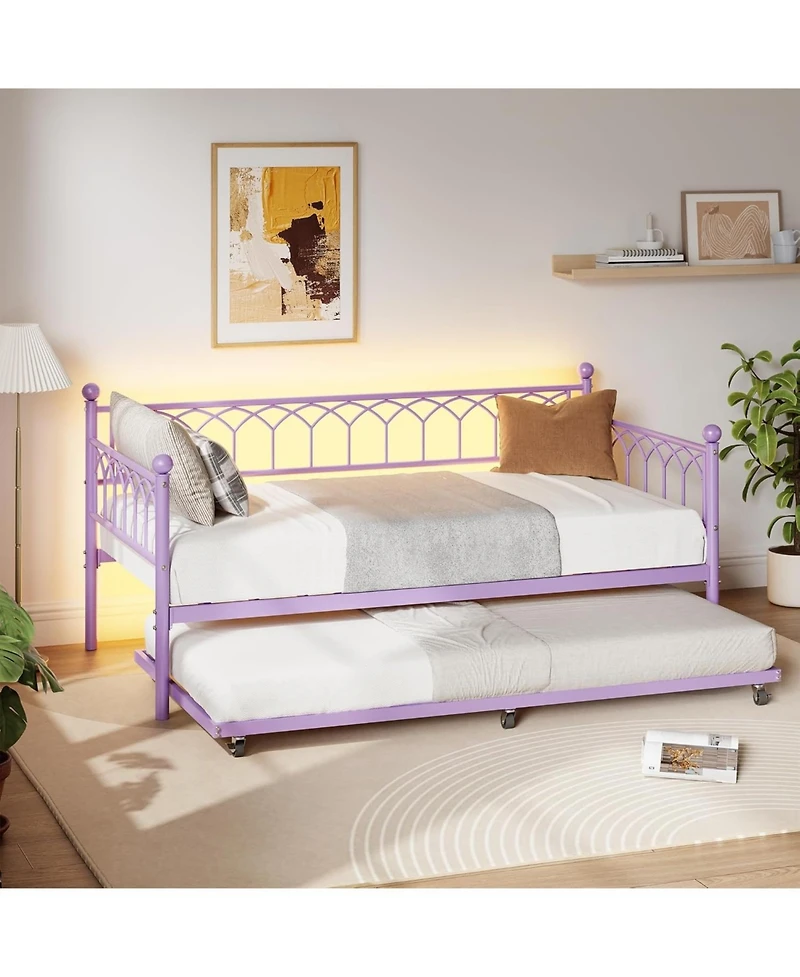 gaomon Twin Daybed with Trundle, Sofa Bed Frame with Charging Station & Led Lights, Heavy Duty Metal