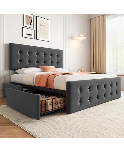 gaomon Full Size Bed Frame with 4 Storage Drawers, Linen Upholstered Headboard, Button Tufted, No Box Spring