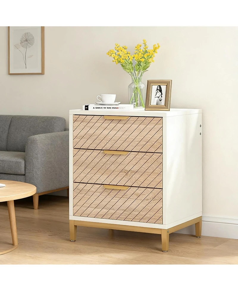 Rainsken 3-Drawer Bedside Table, Wooden Nightstand with Gold Metal Frame and Adjustable Invisible Foot Pads for Bedroom