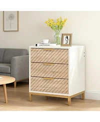 Rainsken 3-Drawer Bedside Table, Wooden Nightstand with Gold Metal Frame and Adjustable Invisible Foot Pads for Bedroom
