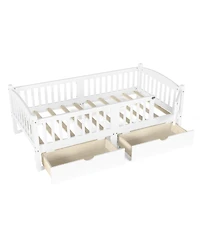 Rainsken Twin Size Low Bed Frame, Wood Kids Platform Bed with Storage Drawers and Full-length Guardrails for Girls Boys, No Box Spring Needed