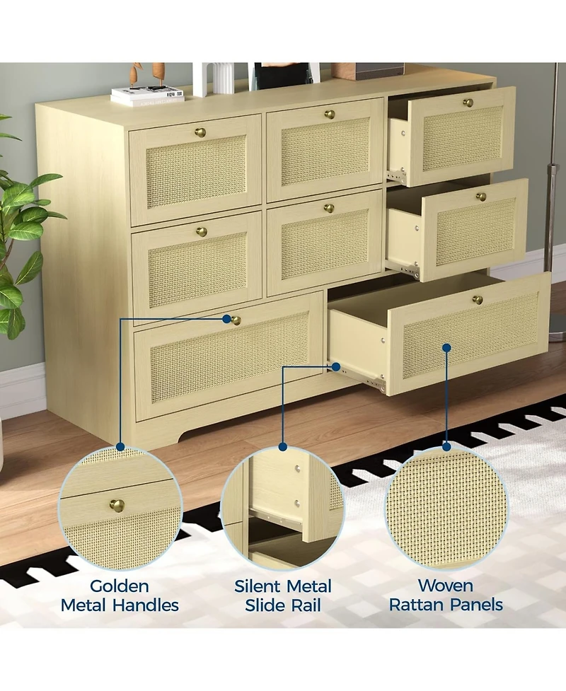 gaomon Rattan Dresser with 6 Drawers, Modern Boho Wooden Dresser for Bedroom Storage, Wicker Chest of Drawers with Metal Handles and Solid Wood Legs