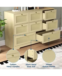 gaomon Rattan Dresser with 6 Drawers, Modern Boho Wooden Dresser for Bedroom Storage, Wicker Chest of Drawers with Metal Handles and Solid Wood Legs