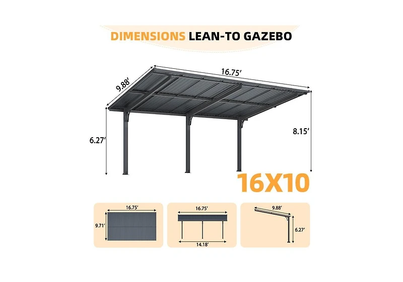 Aecojoy 16'x10' Lean to Hardtop Metal Carport Gazebo, 10x16 Outdoor Freestanding Pergola Gazebo