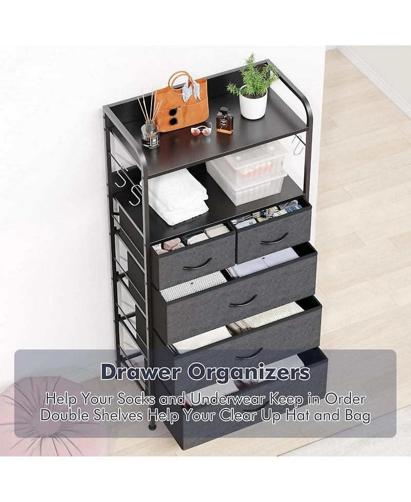 gaomon 5 Drawer Dresser for Bedroom - Storage Organizer Unit with Fabric, Sturdy Metal Frame and Wood Tabletop, Easy Pull Handle.