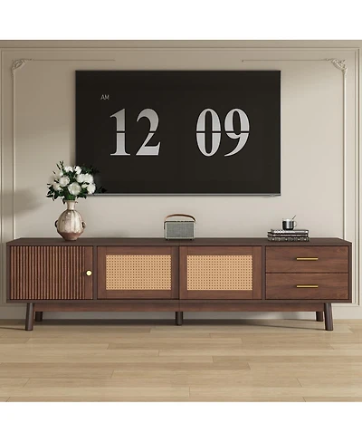 Maison Boucle Mid Century Tv Stand 70'' Media Console Cabinet Rattan Sliding Doors