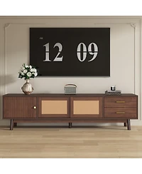 Maison Boucle Mid Century Tv Stand 70'' Media Console Cabinet Rattan Sliding Doors