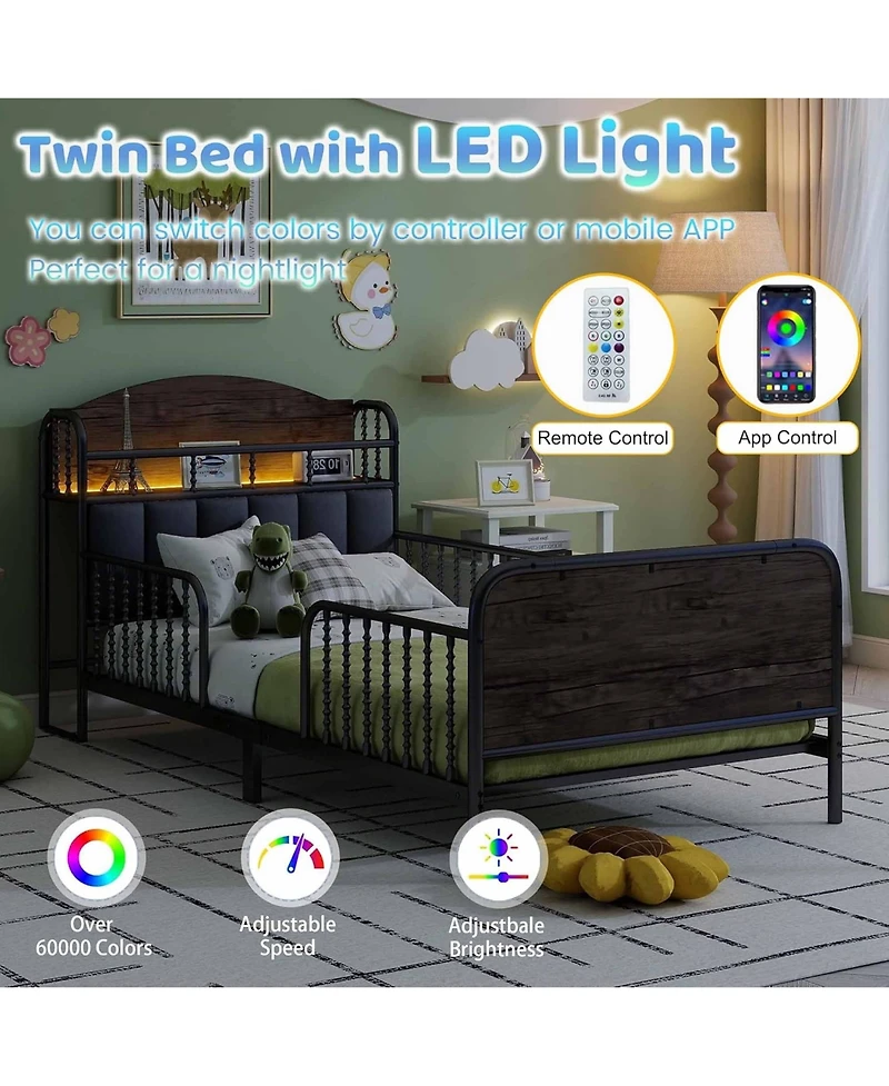 Rainsken Twin Size Metal Platform Bed with Led Light, Upholstered Storage Headboard and Low Profile Design for Kids Boys Girls