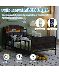 Rainsken Twin Size Metal Platform Bed with Led Light, Upholstered Storage Headboard and Low Profile Design for Kids Boys Girls