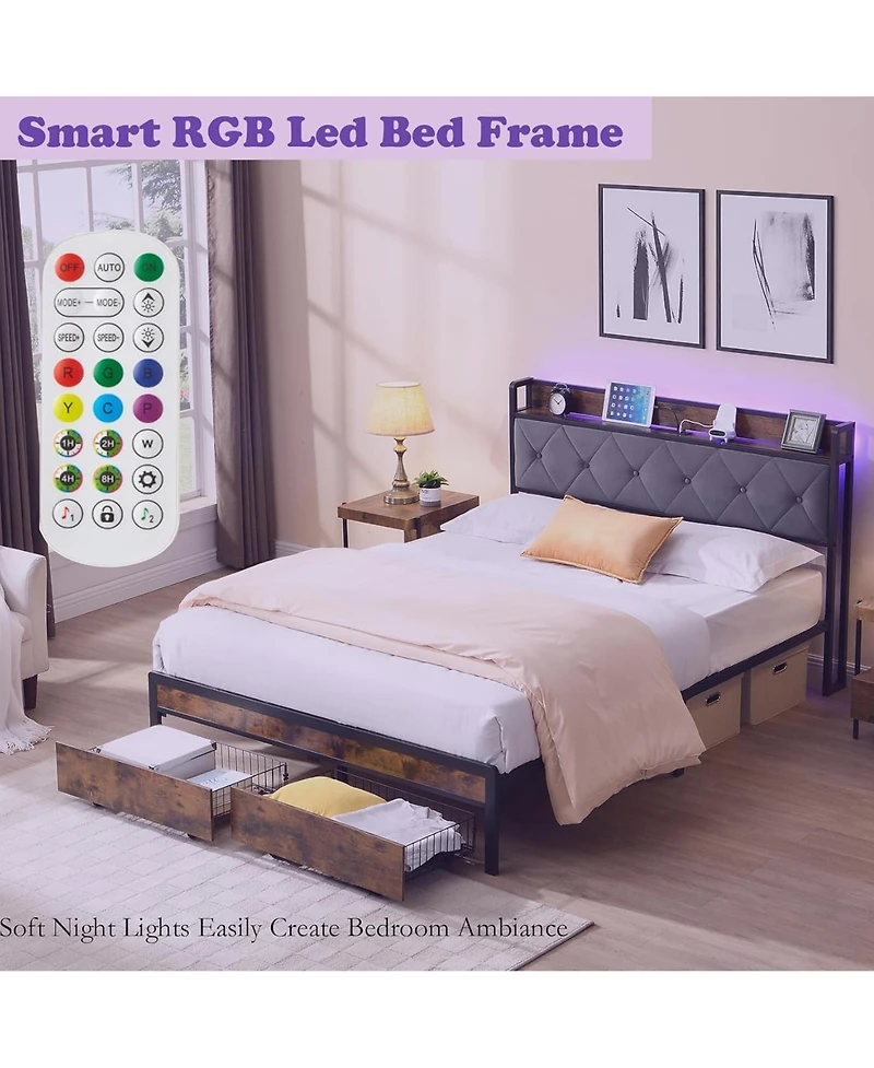 Rainsken Full Size Bed Frame, Heavy Duty Metal Platform Bed with 2 Storage Drawers, Charging Station and Led Lights Upholstered Headboard for Bedroom