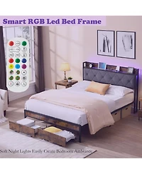 Rainsken Full Size Bed Frame, Heavy Duty Metal Platform Bed with 2 Storage Drawers, Charging Station and Led Lights Upholstered Headboard for Bedroom