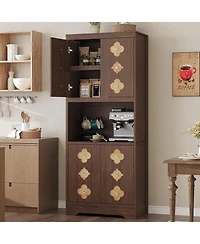 gaomon 72" Tall Pantry Cabinet with Countertop, Freestanding Kitchen Hutch Storage Cupboard Carved Door & Crystal Handle