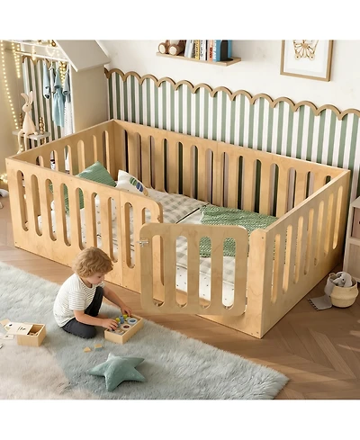 Rainsken Twin Size Solid Wood Kids Floor Bed Frame, High Safety Fence with Door, Low-Profile Montessori Bed for Boys and Girls, No Box Spring Needed