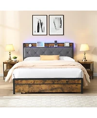 Rainsken Queen Size Heavy Duty Metal Platform Bed Frame with 2 Storage Drawers, Charging Station and Led Light Upholstered Headboard for Bedroom