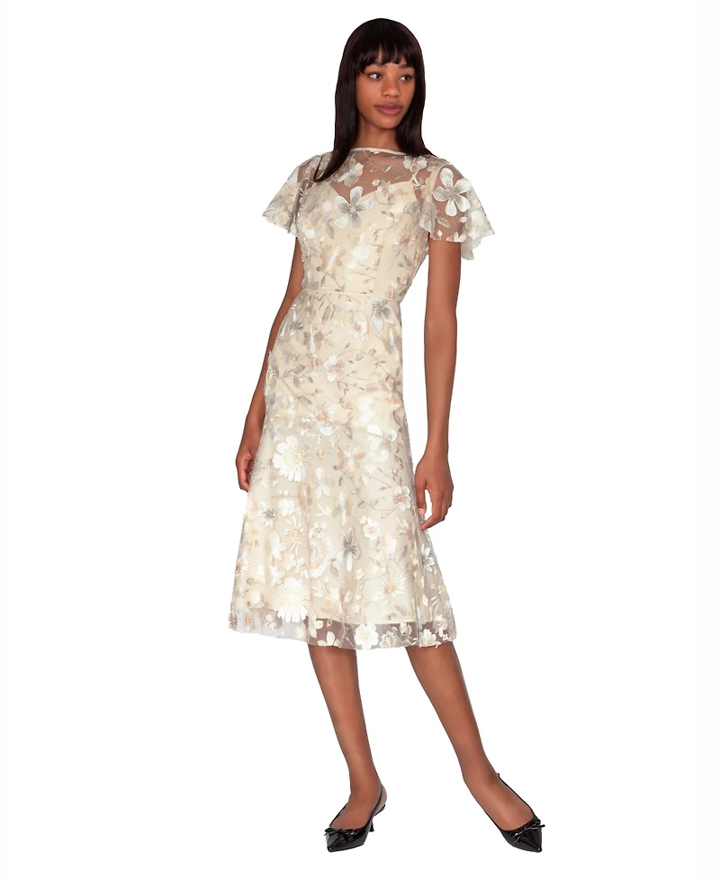 White Tie by Shani Women's Embroidered Boat Neck Polyester Midi Dress