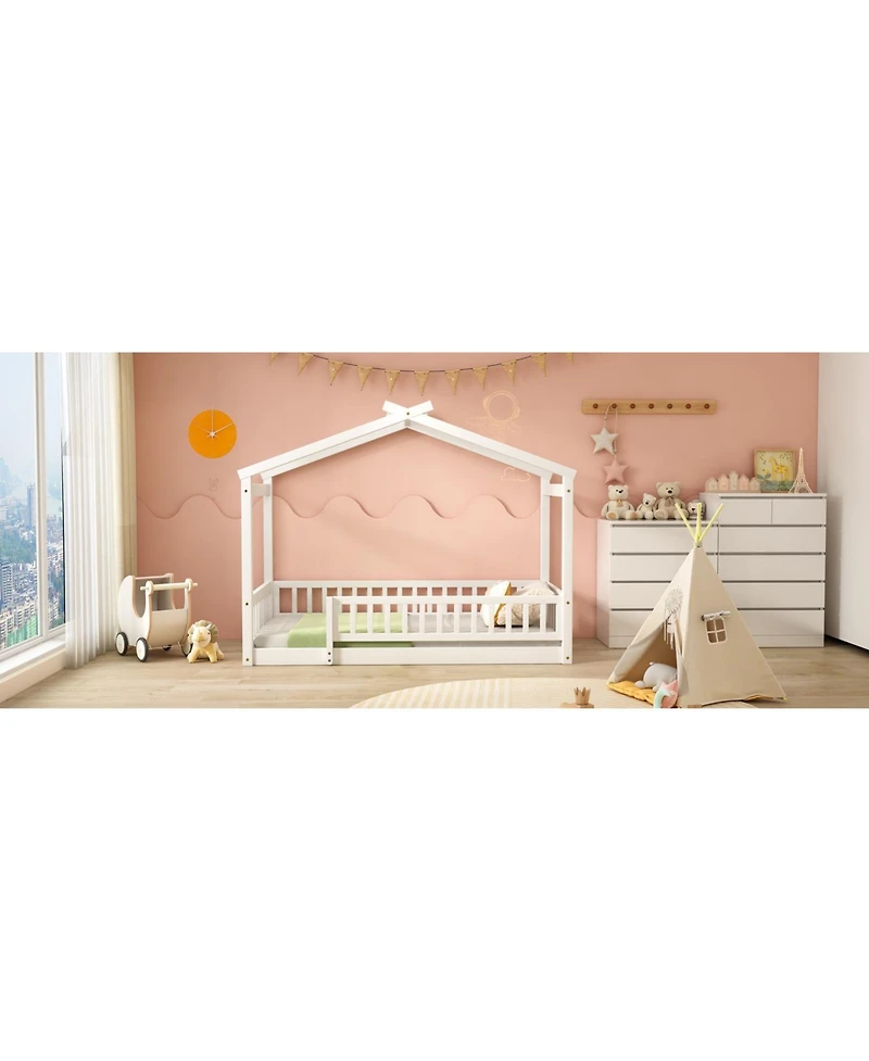 flynama Twin Size Wood House Bed Roof Fence Pine Wood Frame 7 Slats Kids Bedroom