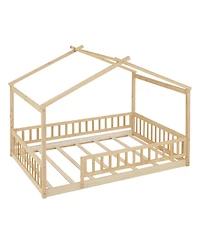 flynama Full Size Wood House Bed Fence