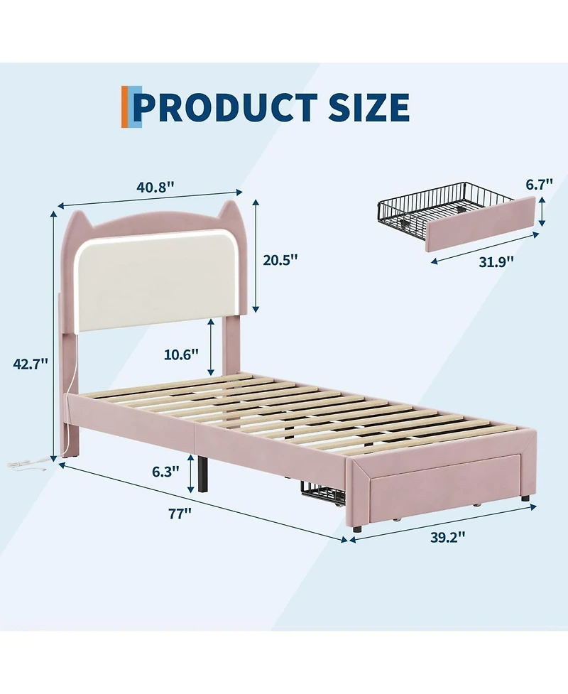 gaomon Bed Frame with Cat Headboard, Rgb Led Lights, Storage Drawer & Wood Slats, Noise Free,