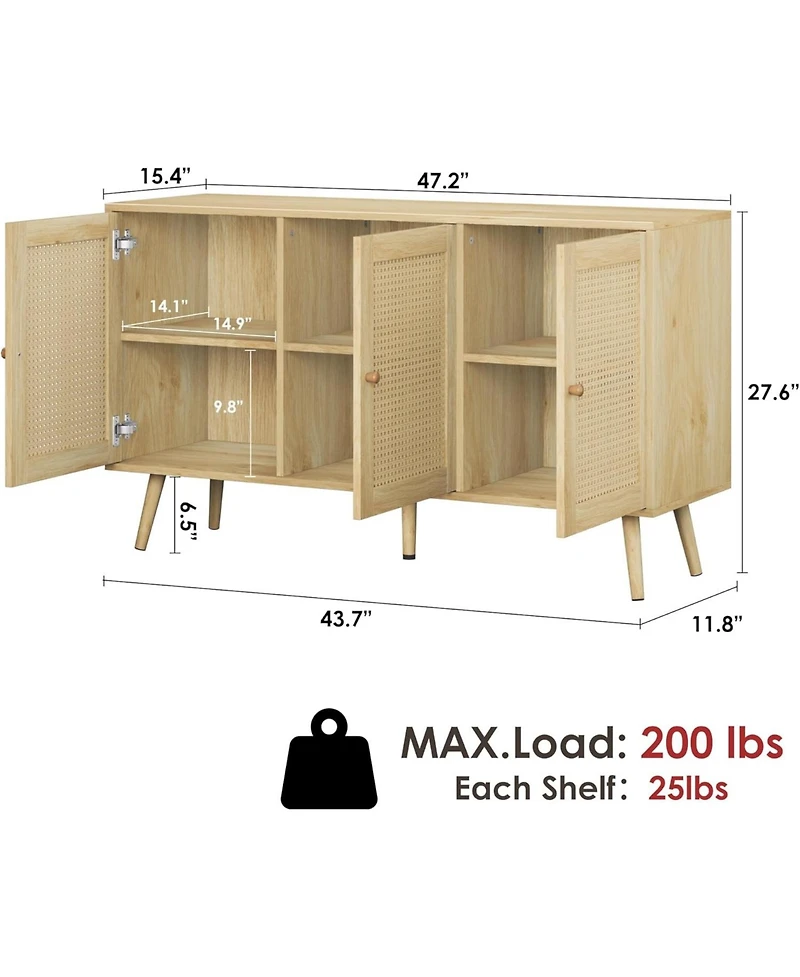 gaomon Buffet Storage Cabinet, 47.2" Rattan Sideboard with Adjustable Shelves, Modern Coffee Bar Credenza for Kitchen, Living Room, Entryway, Din