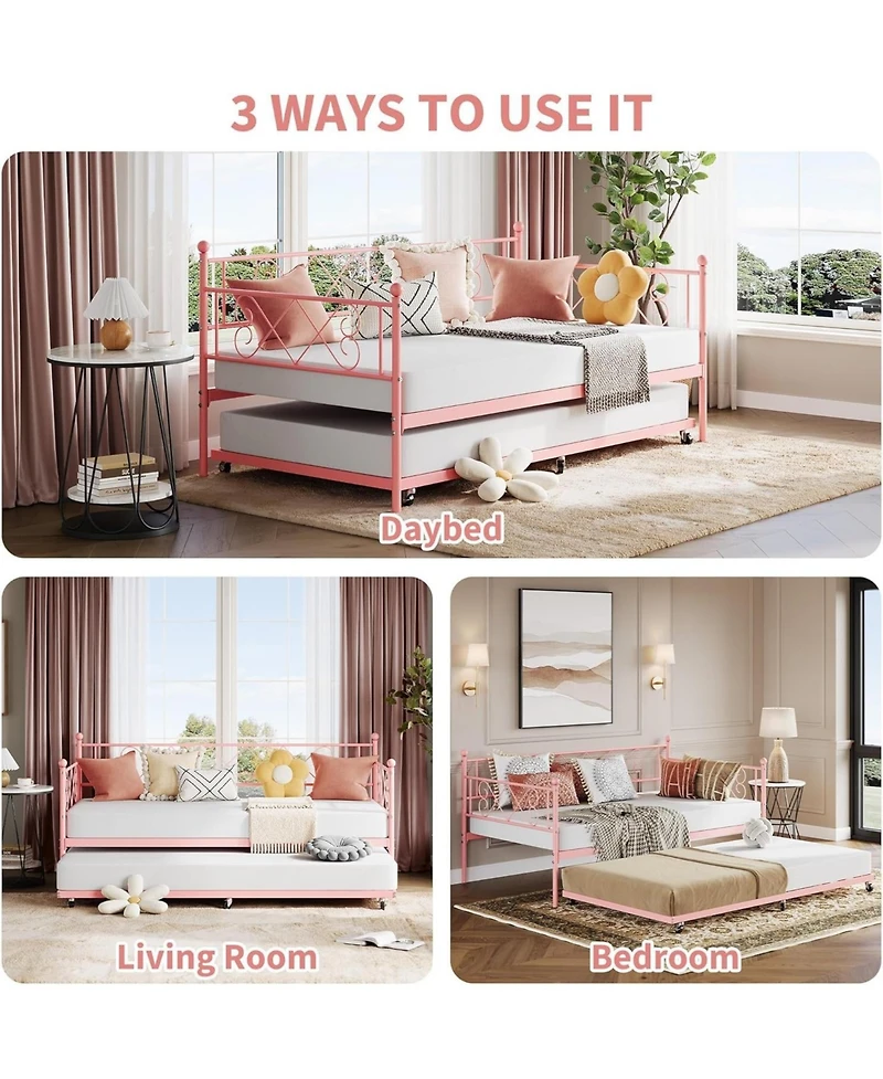 gaomon Daybed with Trundle, Twin Bed with Heart-Shaped Headboard, Sturdy Metal Frame with Slat Support