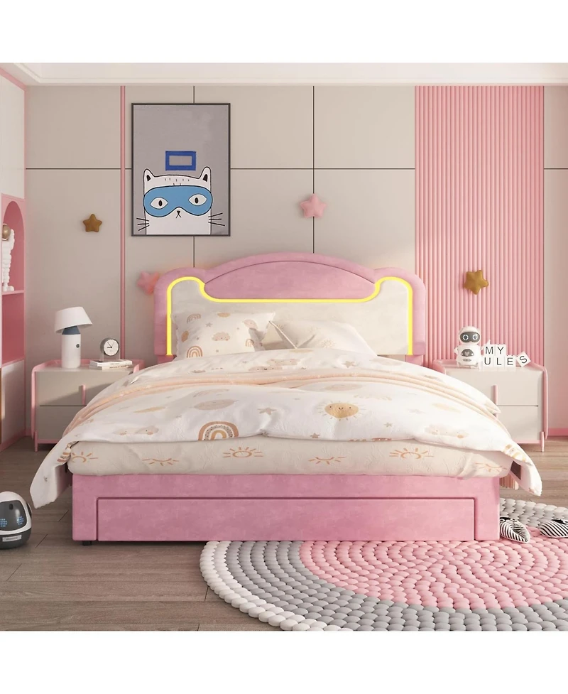 gaomon Upholstered Bed Frame with Led Lights, Fabric Headboard, Princess Platform Bed, Wood Slats, No Box Spring