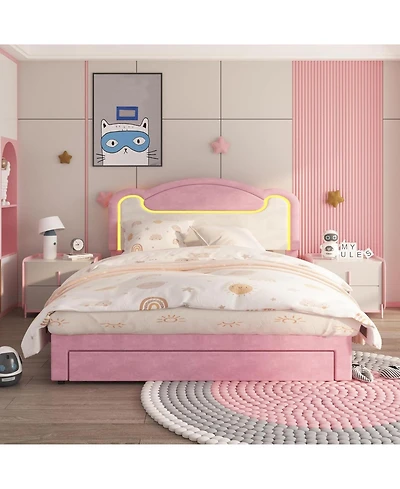 gaomon Upholstered Bed Frame with Led Lights, Fabric Headboard, Princess Platform Bed, Wood Slats, No Box Spring