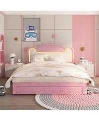 gaomon Upholstered Bed Frame with Led Lights, Fabric Headboard, Princess Platform Bed, Wood Slats, No Box Spring