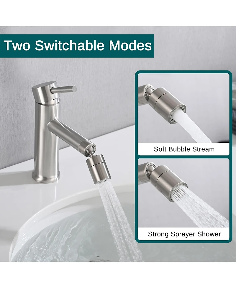 Busdays Brushed Nickle Bathroom Faucet for 2 Mode Faucet for Bathroom Sink with 360degree(s) Rotating Aerator