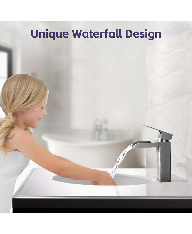 Busdays Brushed Nickel Waterfall Bathroom Faucet, Single Handle, 1/3 Hole with Deck Plate and Overflow Pop-Up Drain