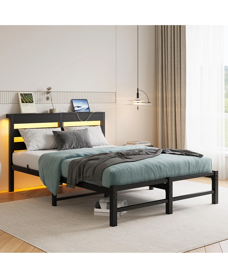 flynama Full Size Metal Bed Wooden Headboard Rgb Lights Charger Storage